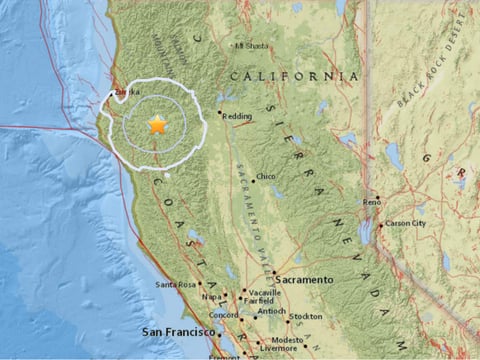 A USGS map shows the location of the 4.5 magnitude quake that shook northern California on August 28, 2016.